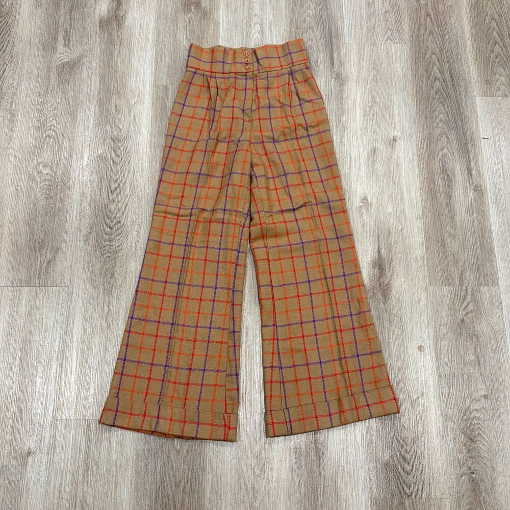 Vintage Y2K Brown Windowplane Plaid High Waisted Wide Leg Palazzo Trousers 28x29